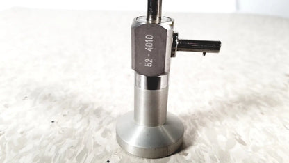Silver metallic coffee tamper with hexagonal head engraved 52-4010 and flat base for pilling 50-4010 90 degree arthroscope reuse medical use