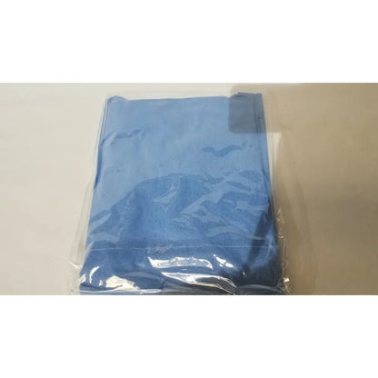 Blue fabric tote bag sealed in clear plastic packaging for pod disposable isolation gown blue medical use