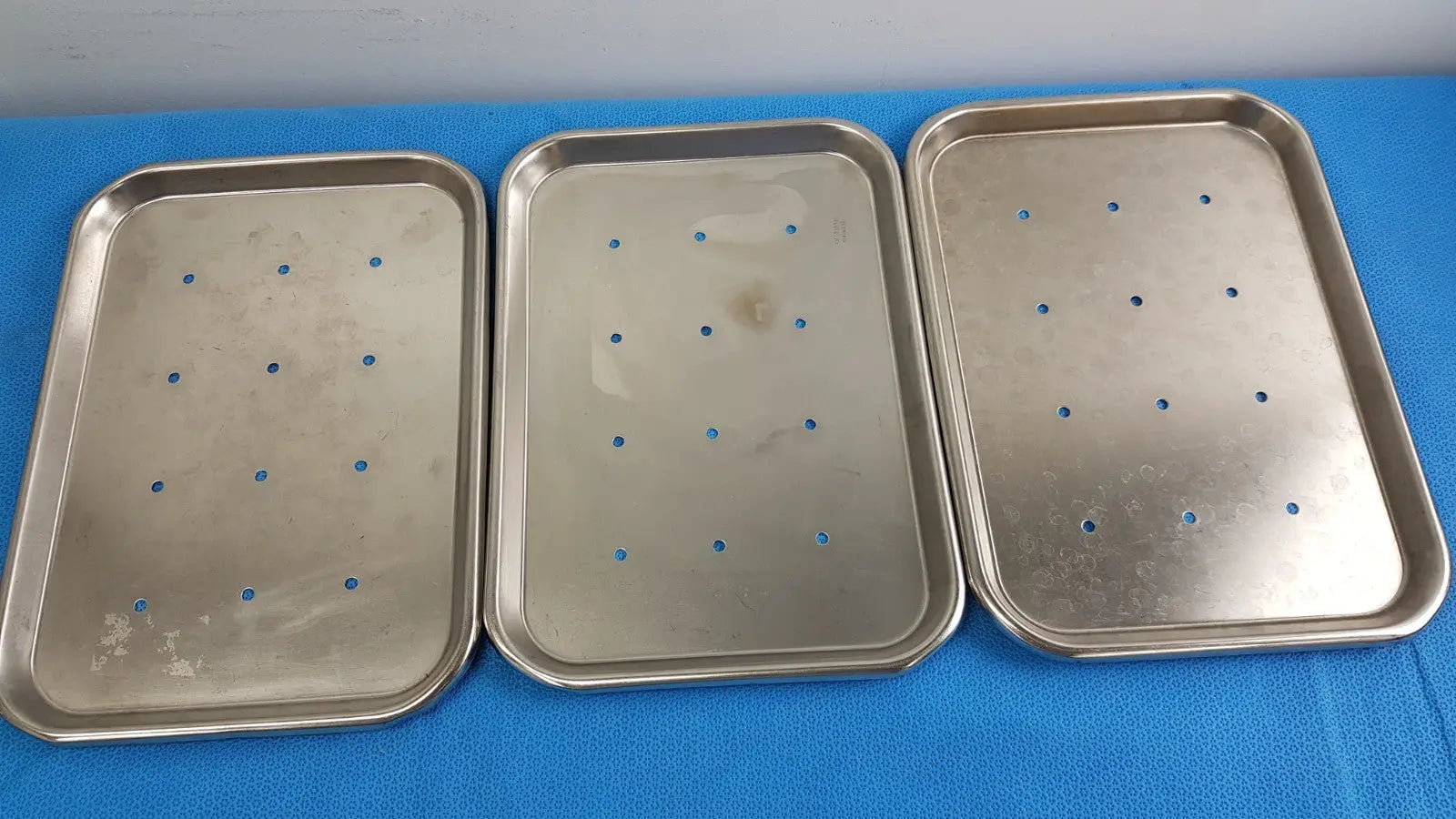 Reuse Medical Polar Ware 13F Stainless Steel Perforated Instrument Tray — Lot of 3 Sterilization Trays & Cases, second-hand product photo 1