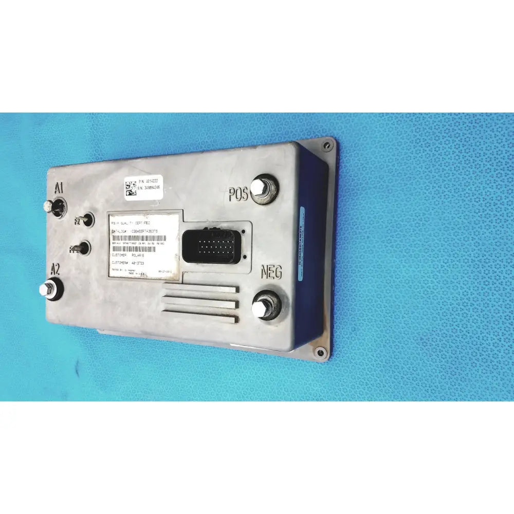 Gray metallic polaris control module ecu with labeled terminals and barcode sticker for engine management system