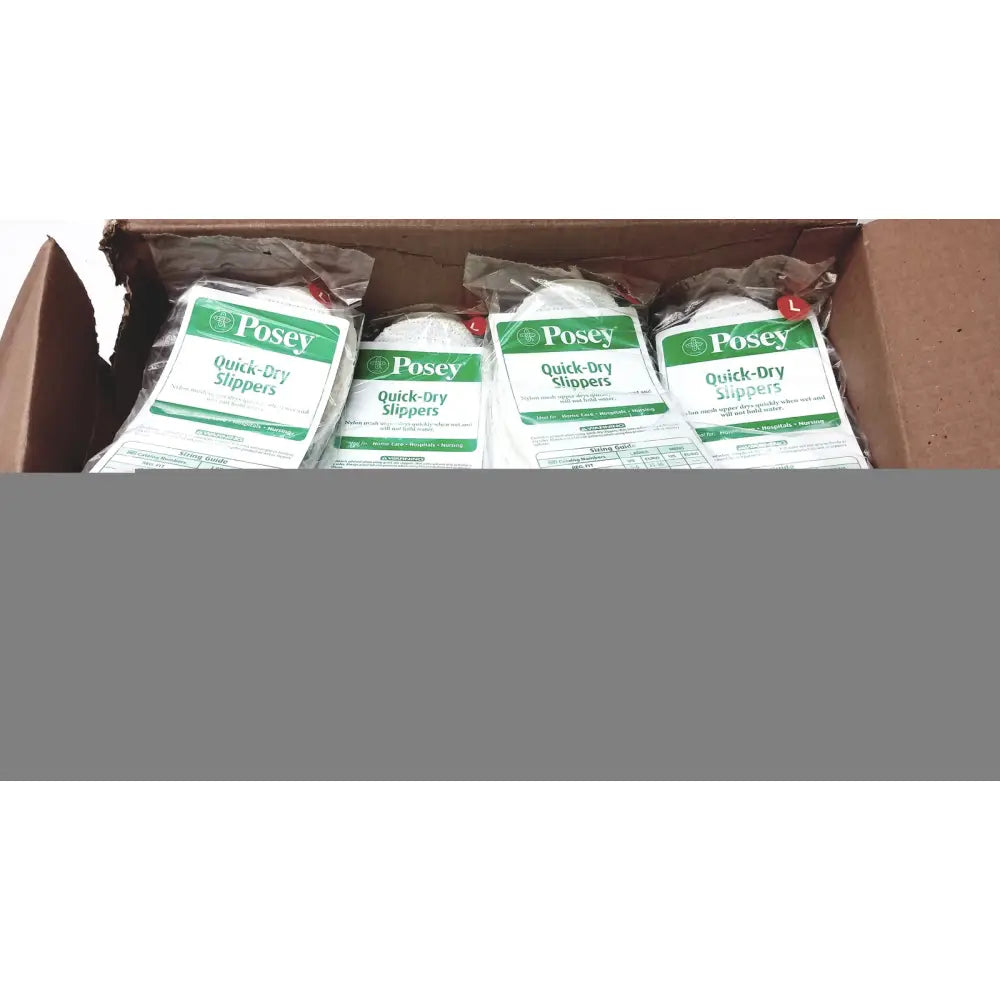 White posey quick dry slippers with non slip rubber soles in clear packaging with green and white labels size l lot of 50