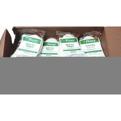 White posey quick dry slippers with non slip rubber soles in clear packaging with green and white labels size l lot of 50