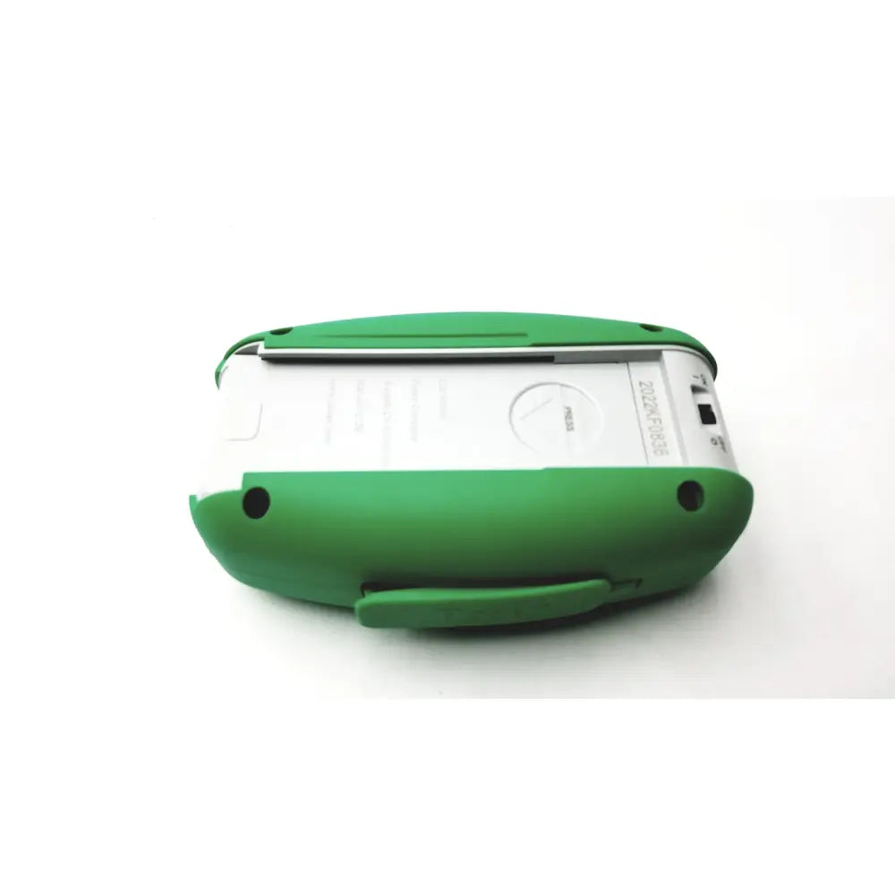 Green plastic case with white interior housing a compact posey sitter elite patient fall monitor alarm device