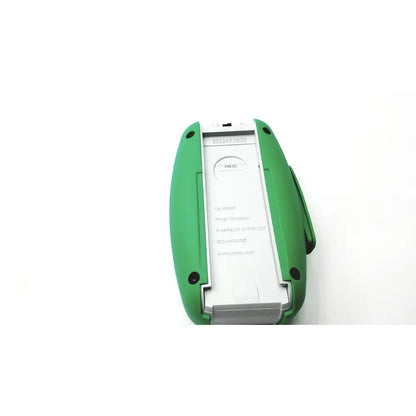 Back side of green plastic and metal posey sitter elite 8345 patient fall monitor alarm with white engraved panel