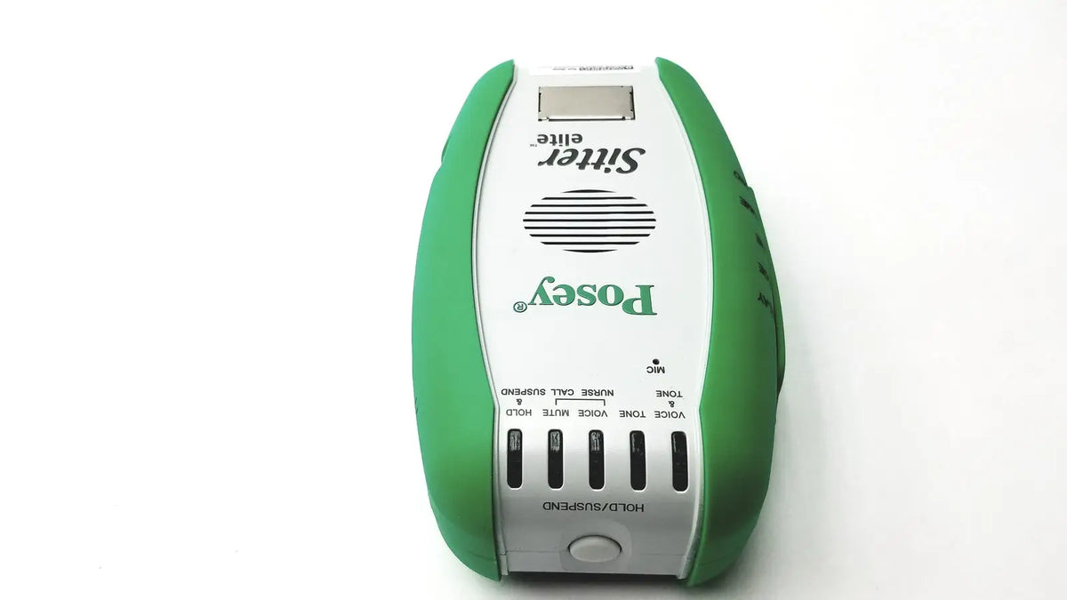 Green and white plastic posey sitter elite hand-held patient fall monitor alarm for fall detection and alerting