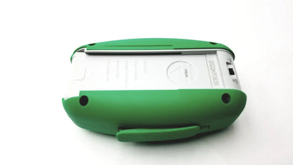 Green plastic case with white interior housing a compact posey sitter elite patient fall monitor alarm device