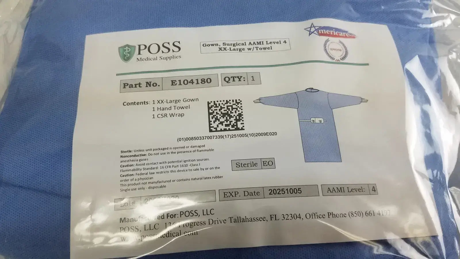 Poss Medical Supplies E104180 AAMI Level 4 Surgical Gown, XX-Large - Lot of 2 Surgical Gown, new product photo 2