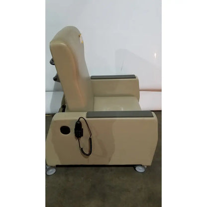 Beige upholstered power recovery recliner with gray armrests and built-in hand control panel for ease of use