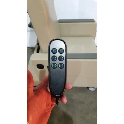 Black remote control with six blue and yellow buttons for power recovery recliner hand control 230925-0352-02
