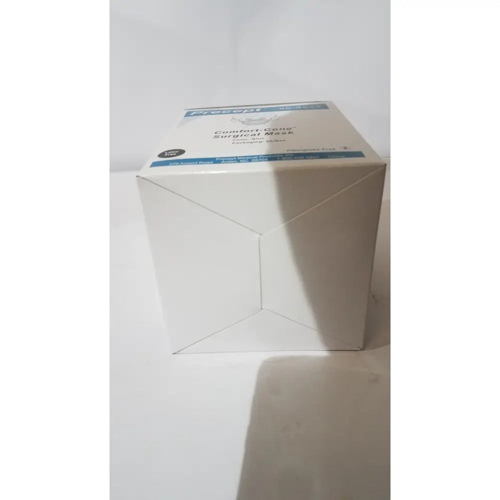 White cardboard box of precept cone-style face mask in blue latex-free for general use face mask packaging
