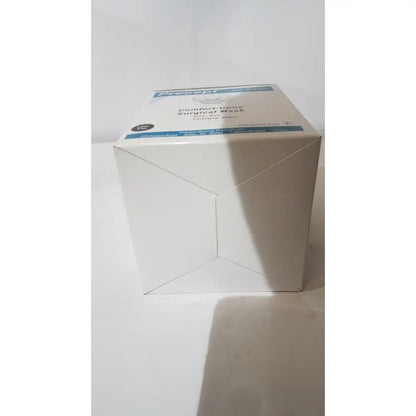 White cardboard box of precept cone-style face mask in blue latex-free for general use face mask packaging
