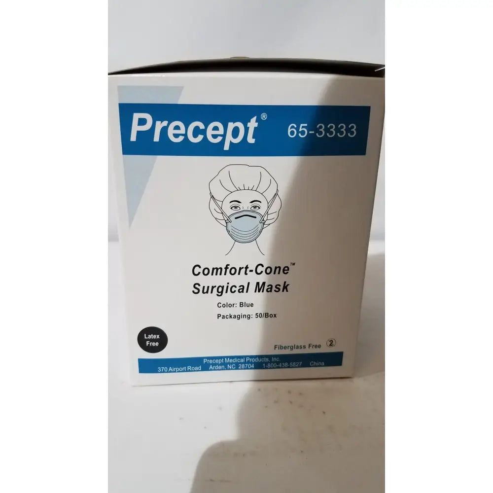 Blue precept cone-style face mask for general use shown in a box of 50 surgical face masks