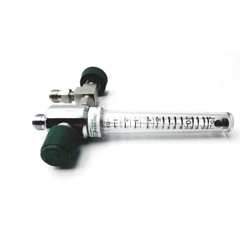 Silver and green precision medical oxygen flowmeter with clear glass tube marked in liters per minute for oxygen flowmeter max 60-80 lpm