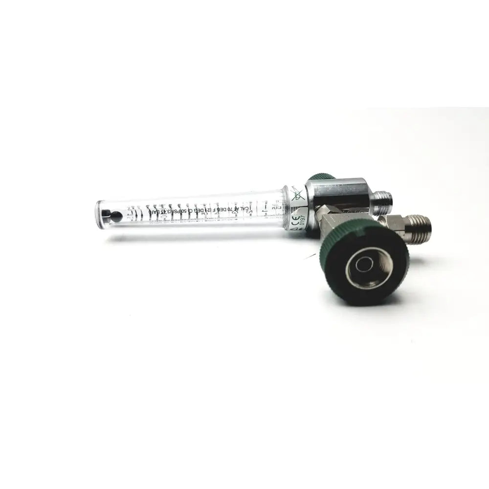 Clear glass precision medical oxygen flowmeter with metallic fittings and green caps for max flush flow 60-80 LPM