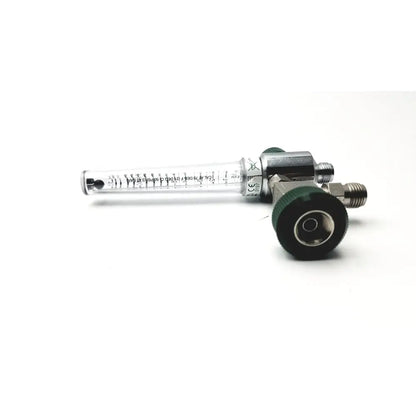 Clear glass precision medical oxygen flowmeter with metallic fittings and green caps for max flush flow 60-80 LPM