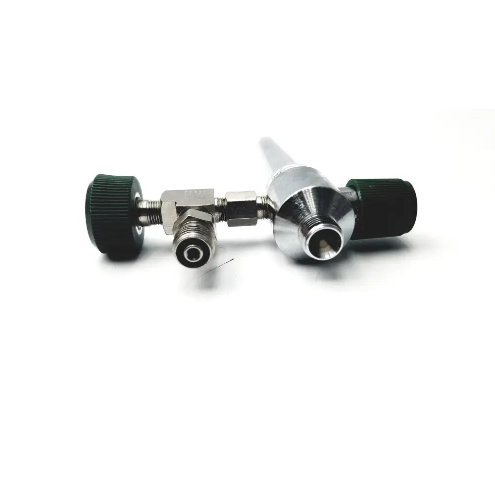 Silver metallic precision medical oxygen flowmeter with black knurled knobs and threaded fittings for max flush flow 60-80 LPM