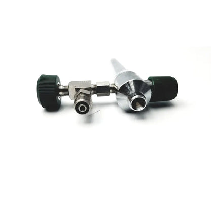Silver metallic precision medical oxygen flowmeter with black knurled knobs and threaded fittings for max flush flow 60-80 LPM