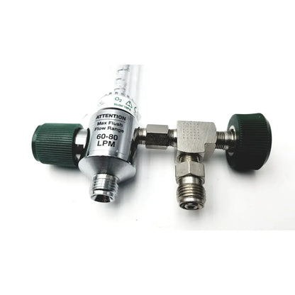 Silver precision medical oxygen flowmeter with green knobs clear tubing labeled model 1mpa max flush flow range 60-80 lpm