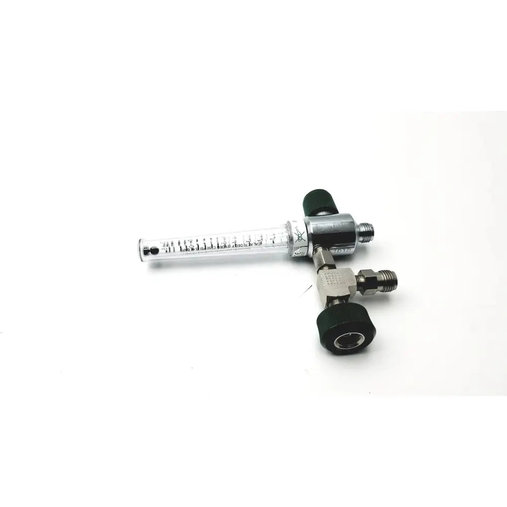 Silver-colored metal precision medical oxygen flowmeter with clear glass tube and black rubber knobs max flush flow 60-80 lpm