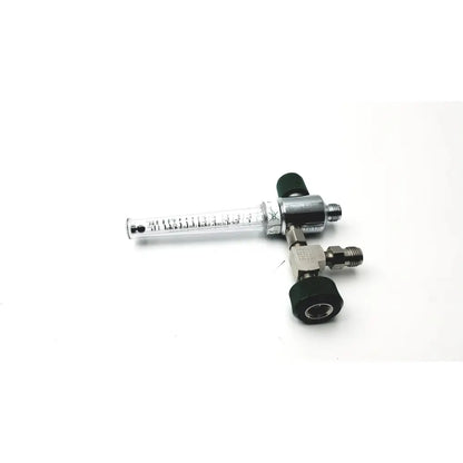 Silver-colored metal precision medical oxygen flowmeter with clear glass tube and black rubber knobs max flush flow 60-80 lpm