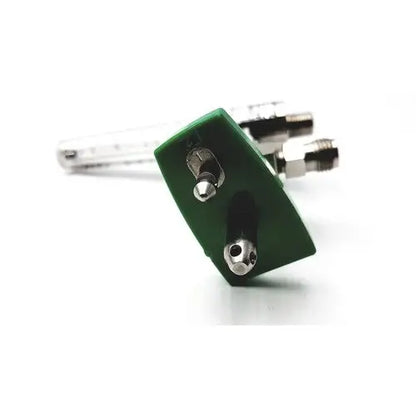 Green plastic lock with metallic silver bolts and fittings for precision medical regulator gauge and clamp use