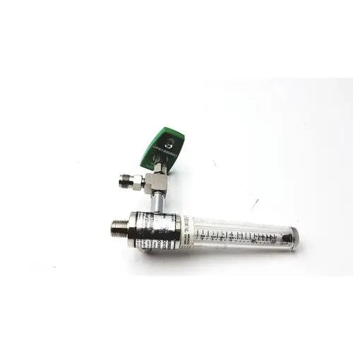 Green and silver precision medical regulator gauge with clear glass flow meter and measurement markings for oxygen control