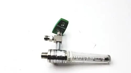 Green and silver precision medical regulator gauge with clear glass flow meter and measurement markings for oxygen control