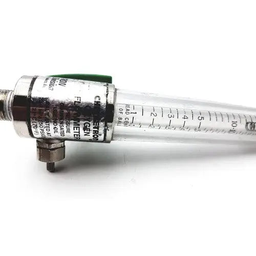 Clear glass precision medical regulator gauge with black and silver metallic components marked ceron gen