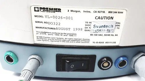 Premier aurora yl-0026-001 laser system with white casing and gray control panel featuring power switch and multiple ports