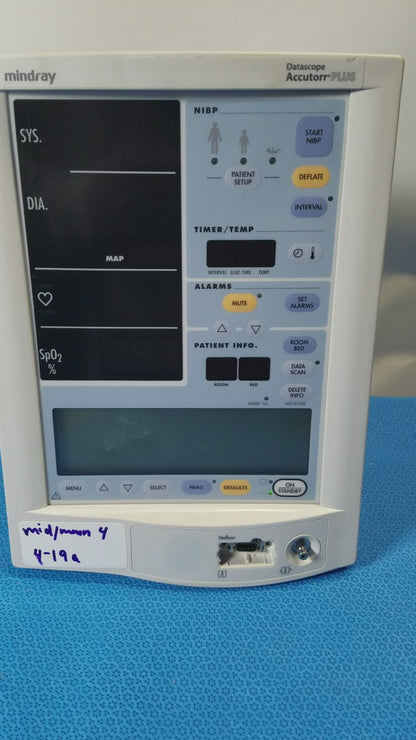 Mindray Datascope Accutorr Plus Vital Signs Monitor S/N UA7165908K11