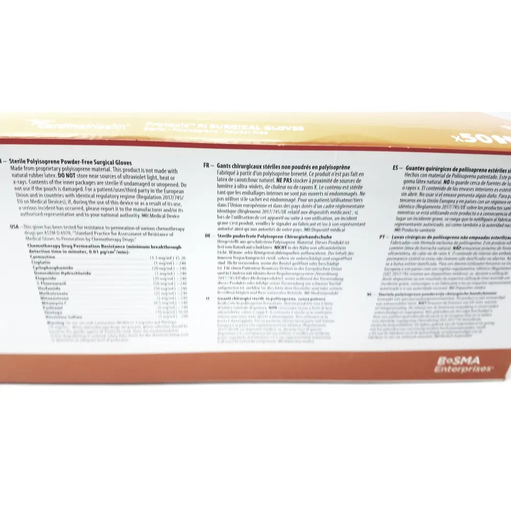 White paper with multilingual regulatory information and bosma enterprises logo on the back of protexis pi polyisoprene glove 71-2d72pt85 size 8 1/2