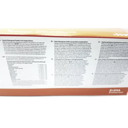 White paper with multilingual regulatory information and bosma enterprises logo on the back of protexis pi polyisoprene glove 71-2d72pt85 size 8 1/2