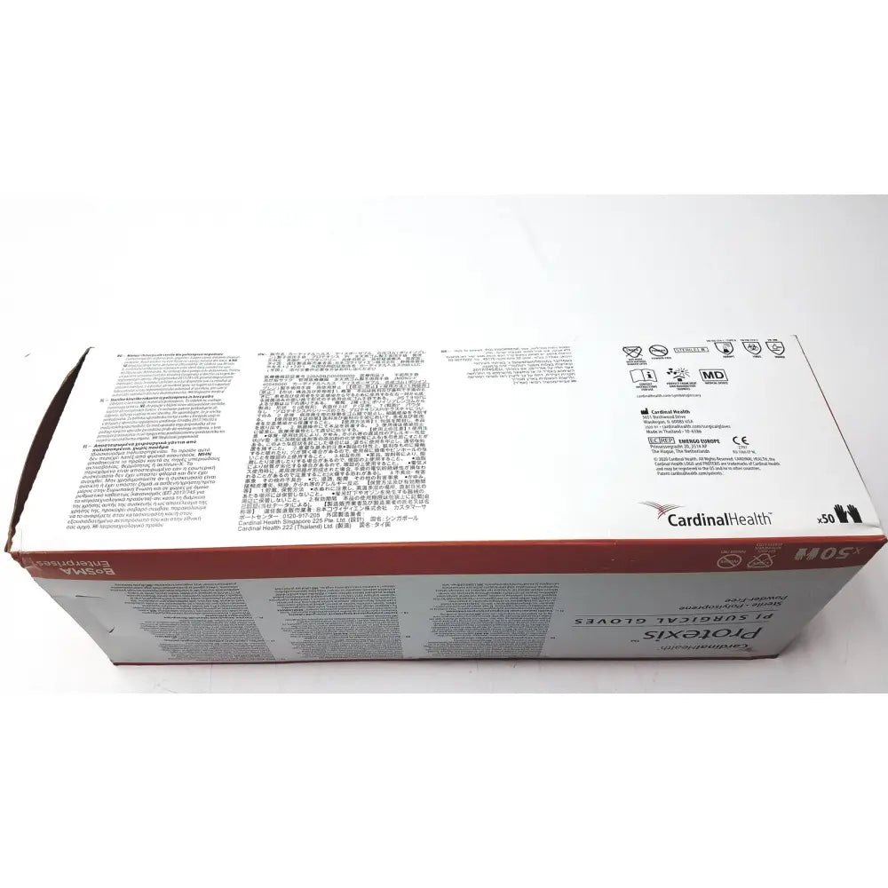White and red cardboard box for cardinal health protexis pi polyisoprene surgical glove 71-2d72pt85 size 8 1/2