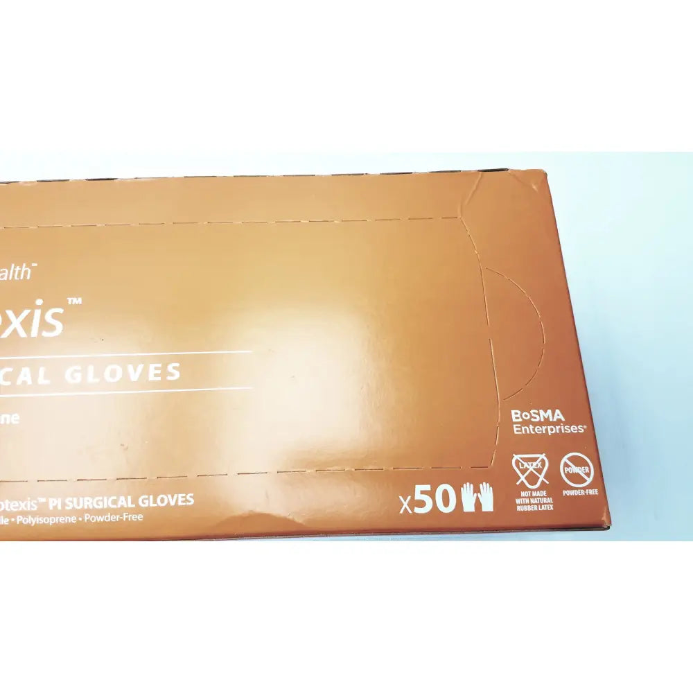 Brown cardboard box of bosma enterprises protexis pi polyisoprene surgical glove 71-2d72pt85 size 8 1/2 containing 50 pairs