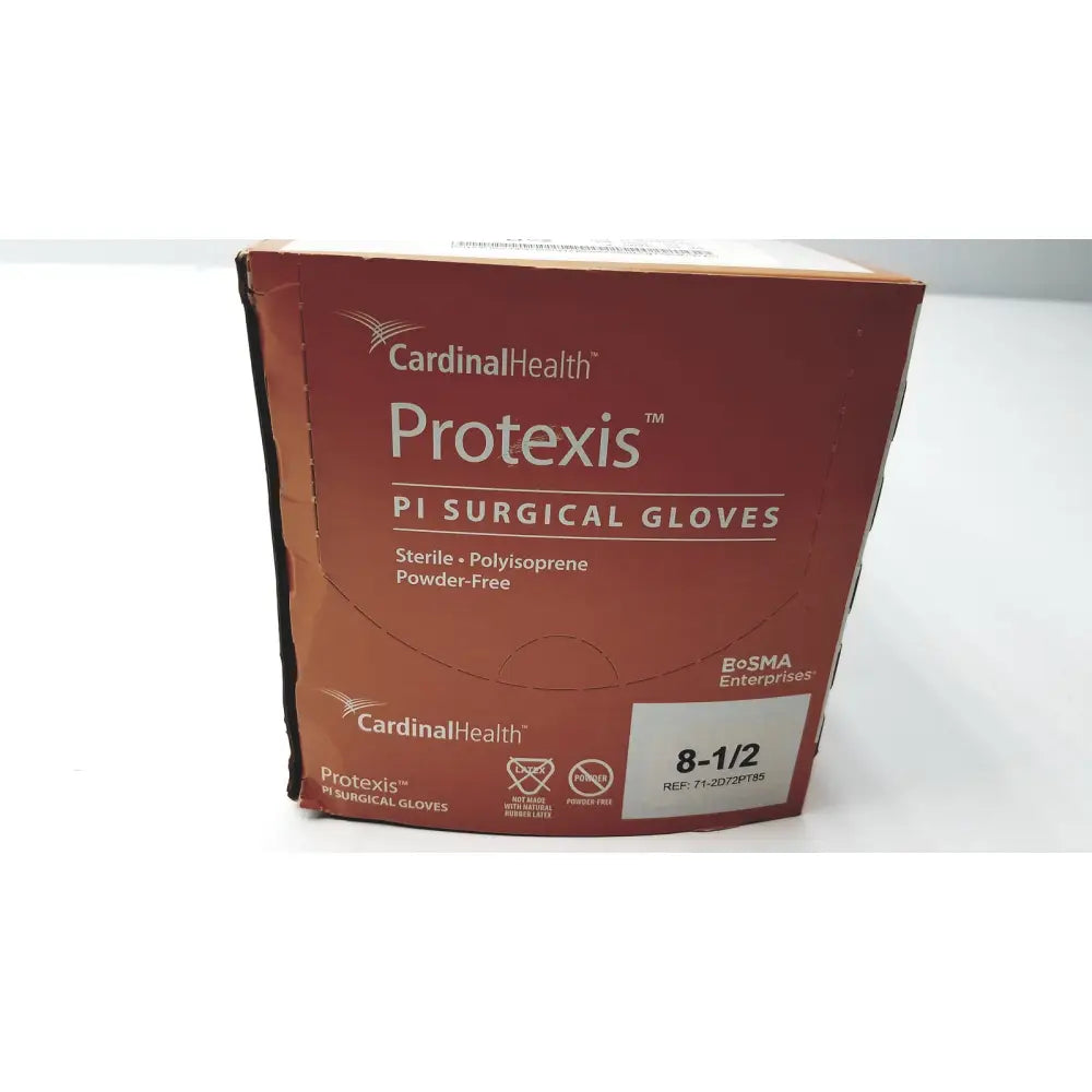 Red cardboard box of cardinalhealth protexis pi polyisoprene surgical glove 71-2d72pt85 sterile and powder-free size 8 1/2