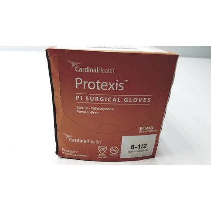 Red cardboard box of cardinalhealth protexis pi polyisoprene surgical glove 71-2d72pt85 sterile and powder-free size 8 1/2
