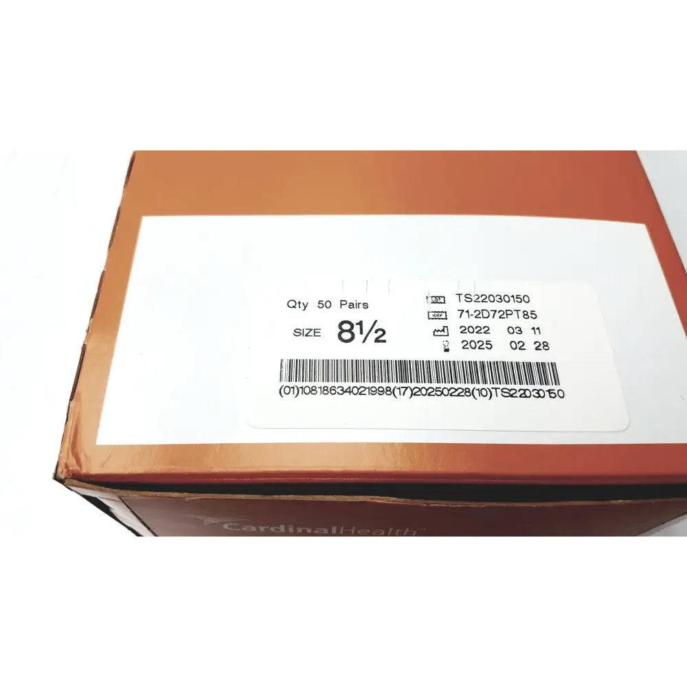 Brown cardboard box with white label showing protexis pi polyisoprene surgical glove 71-2d72pt85 size 8 1/2 product info