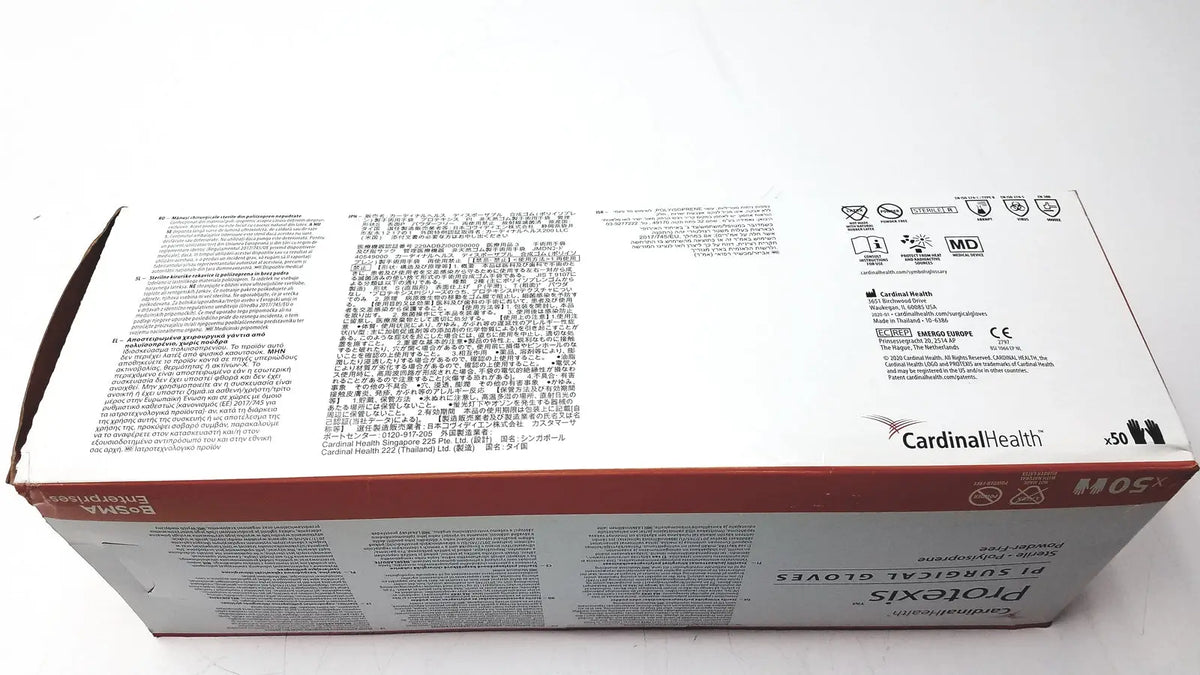 White and red cardboard box for cardinal health protexis pi polyisoprene surgical glove 71-2d72pt85 size 8 1/2