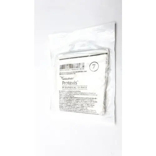 A pair of white sterile Protexis Pi surgical glove 2d72pt70x size 7 packaged in a clear plastic bag with labeling