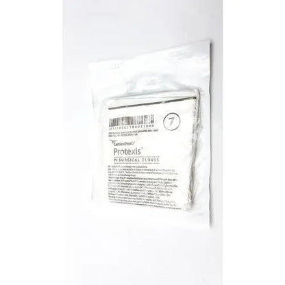 A pair of white sterile Protexis Pi surgical glove 2d72pt70x size 7 packaged in a clear plastic bag with labeling