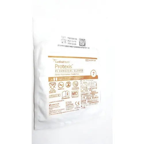 Cardinal health protexis pi surgical glove 2d72pt70x size 7 in sterile white packaging with brown and gold labeling