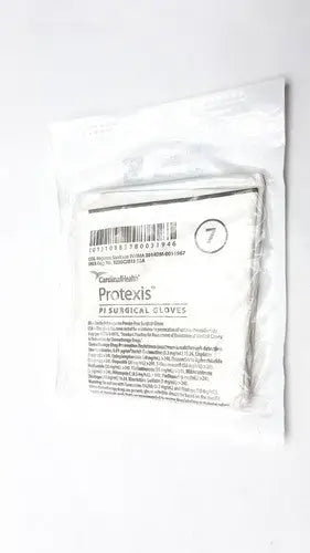 A pair of white sterile Protexis Pi surgical glove 2d72pt70x size 7 packaged in a clear plastic bag with labeling