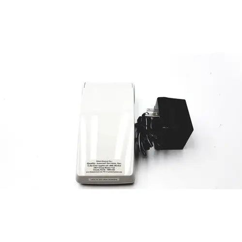 White rectangular protime microcoagulation power adapter with black cord and hexagonal plug for vitro diagnostic use
