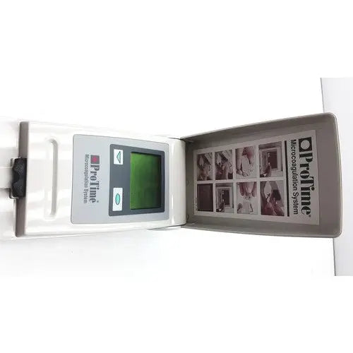 White plastic protime microcoagulation system with green digital display and gray panel for vitro diagnostic reuse medical use