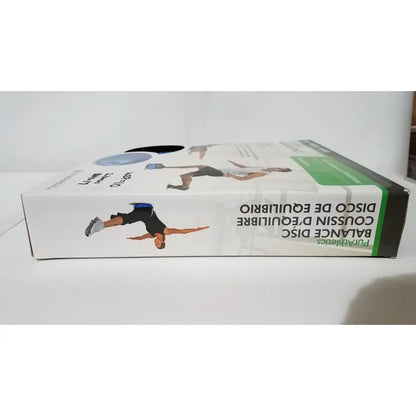White cardboard box of purathletics balance disc 16 inch diameter latex-free stability cushion with exercise images