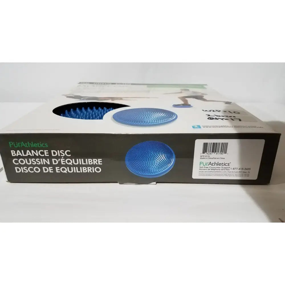 PurAthletics balance disc in blue latex-free stability cushion shown in black and white packaging box 16 inch diameter