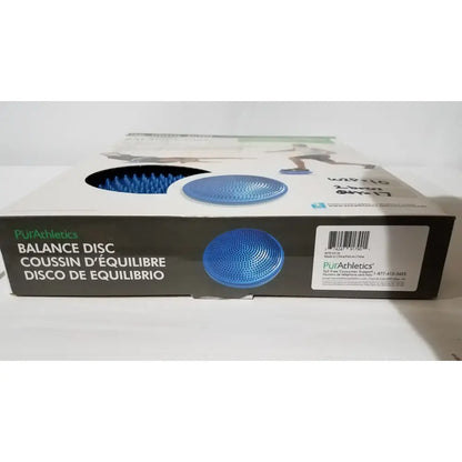PurAthletics balance disc in blue latex-free stability cushion shown in black and white packaging box 16 inch diameter