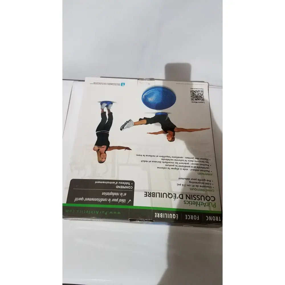 Blue textured purathletics balance disc made of latex-free material on packaging box for stability and core training