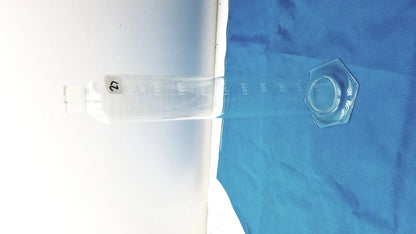Clear glass pyrex 2000ml graduated cylinder with hexagonal cap and measurement markings for lab use