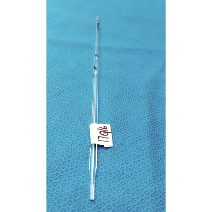 Clear pyrex 4ml class a volumetric pipette with narrow stem, bulbous body, black calibration lines, and red tip indicator